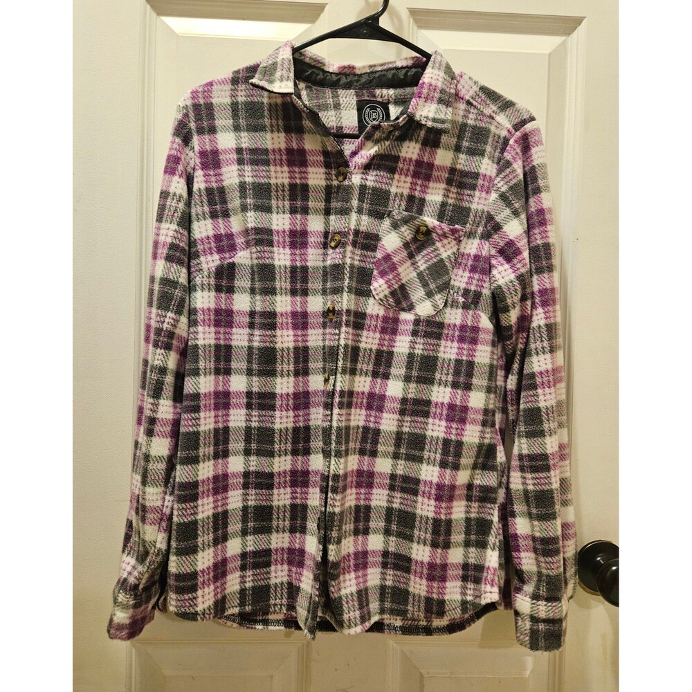 Medium Womens Soft Fleece Plaid Flannel Button Up Collared Shirt Jacket Purple